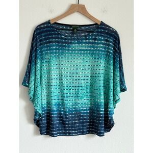 Lauren Ralph Lauren Blue Teal Ombre Linen Dolman Sleeve Knit Blouse Coastal Boho